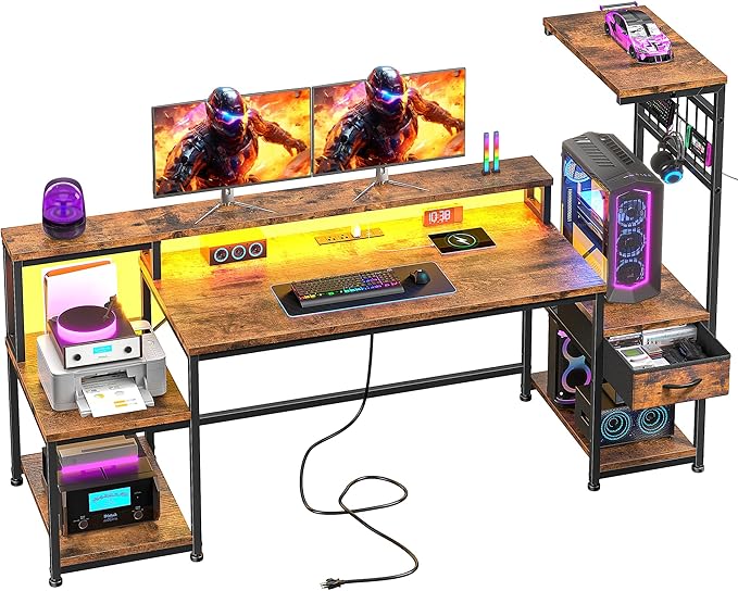 DurayLoly 63" Computer Desk with LED Lights & Outlets,Office Desk with Drawers & Monitor Stand,Gaming Desk with 3 Storage Shelves, Hooks& Printer Space for Game&Study Room,Home Office,Bedroom,Brown
