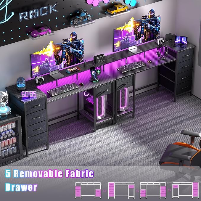 Korfile 47 Inch Computer Gaming Desk with Power Outlets & LED Lights Reversible Home Office Desk with Adjustable 5 Fabric Storage Drawers for Working Writing Study, Carbon Fiber Black