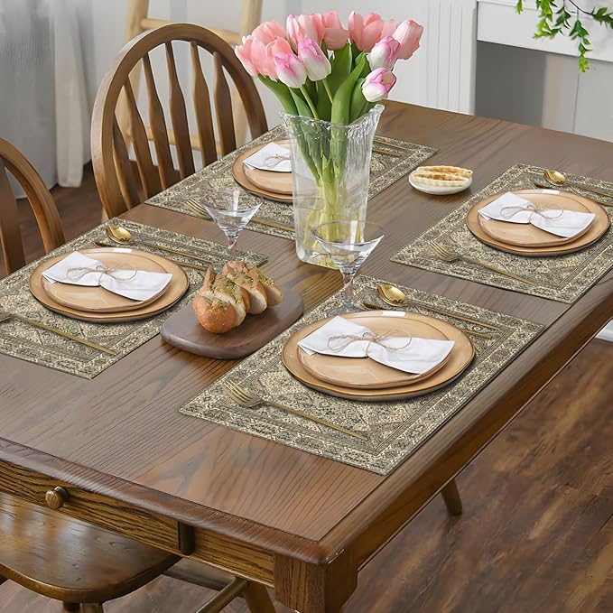 Boho Floral Grey Placemats Set of 4,Vintage Elegant Farmhouse Table Center Linen Decor,12x18 Inch Country Rustic Farmhouse Magical Fall Table Mats for Party Kitchen Dining Decoration