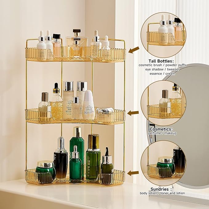 Ceruaxb 3-Tier Corner Bathroom Counter Organizer, Plastic Countertop Makeup Organizer, Large Capacity Vanity Bathroom Perfume Shelf Rack for Kitchen Office Desktop (Clear)