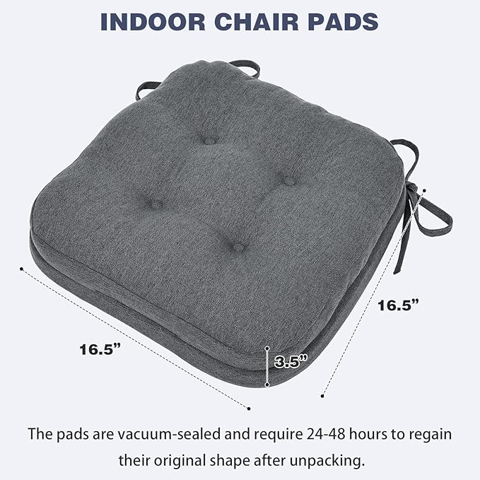 baibu Set of 4 Dining Chair Cushions, Dual-Layer Patent Design Memory Foam Kitchen Chair Cushions, Non-Slip Seat Pads with Ties, 16.5 x 16.5 x 3.5in, 4 Pack, Dark Grey