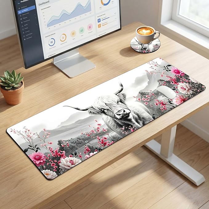 Extended Large Mouse Pad 31.5 x 11.8 Inches – AiLiTeck Premium Desk Mat Mousepad with Stitched Edges, Waterproof, Non-Slip Rubber Base for Office Home, Includes Coaster–Highland Cow Floral