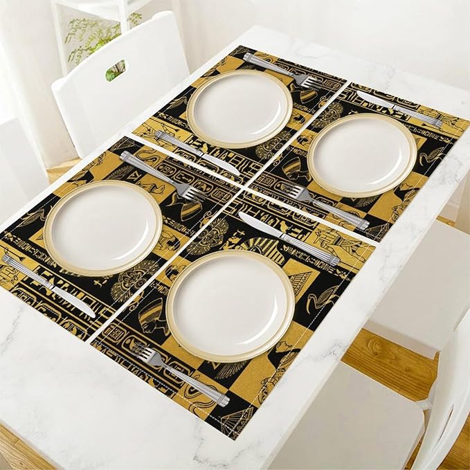 Ancient Egyptian Placemats Ancient Culture Black Golden Egyptian Hieroglyphs Linen Washable Table Mats Stain Heat-Resistant Desktop Decor Place Mats for Home Kitchen Dining Party 12x18 in 6 Pcs