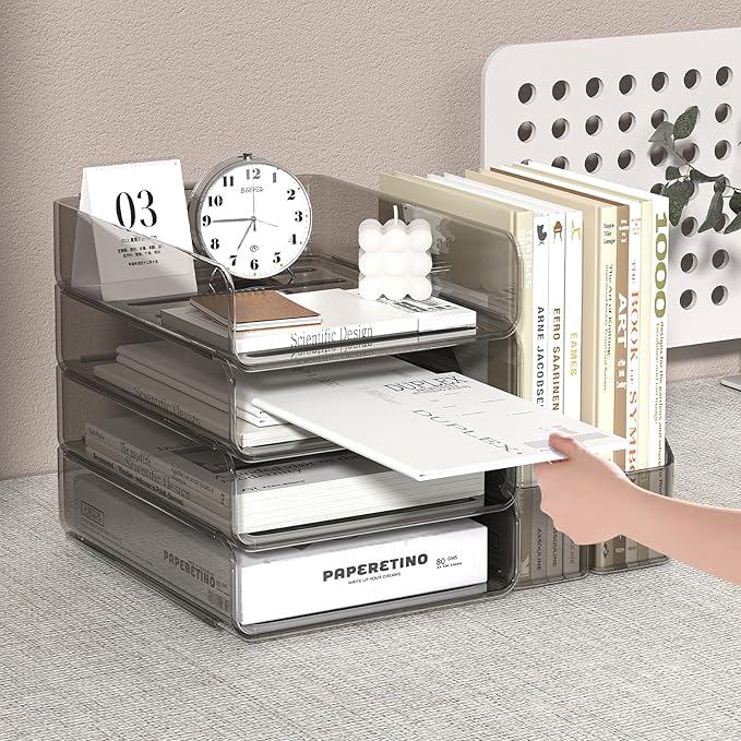 FANXIYQ 4-Tier Acrylic Paper Tray Organizer with Bookends | Clear Stackable Desk Organizer for Documents, Letters, A4 Paper | Modern Office/Classroom/Home Organization,Brown