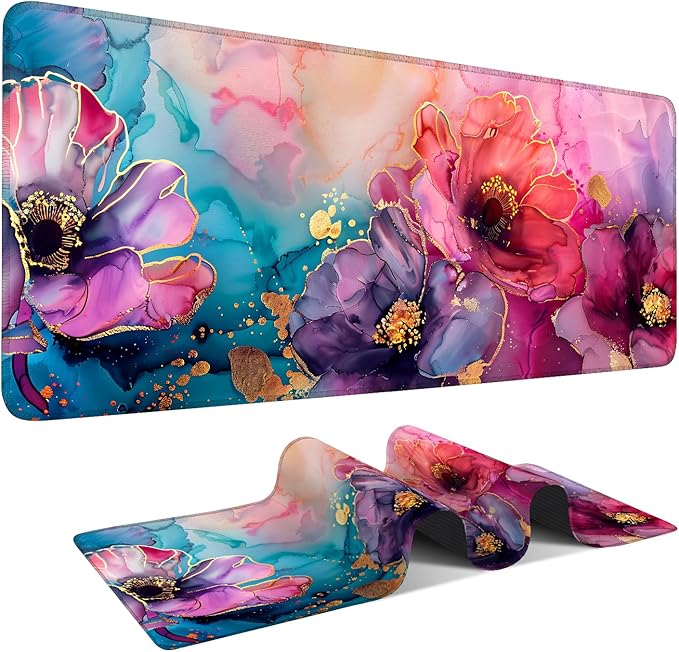 Large Mouse Pad, Floral Ink Desk Mat, Extended Gaming Mouse Pad with Non-Slip Rubber Base, Thick 3mm Smooth Surface Keyboard Mat for Office & Home，35.5 x 15.8 in