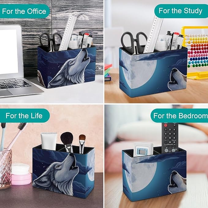 Square Brush Pot Full Moon Howling Wolf, Versatile PU Leather Pen Container for Various Uses