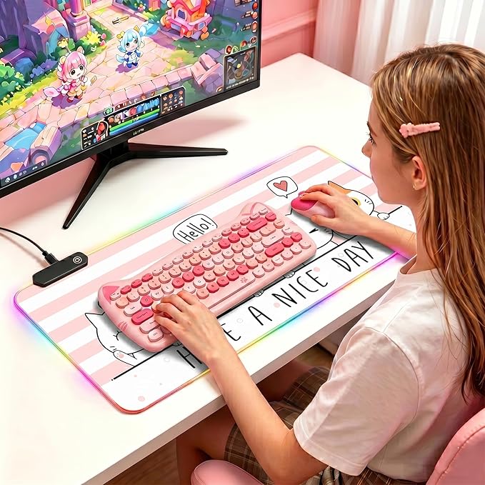 RGB Large Gaming Mouse Pad, Extended Mouse Pad with 12 Lighting Effects, Water Proof Mutispandex Surface, Non-Slip Rubber Base, 80x30 cm / 31.5×11.8 in (Cat)