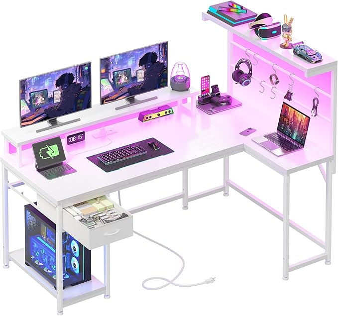 EnHomee 53 inch L Shaped Gaming Desk with LED Lights & Power Outlets, Reversible Corner Desk with Monitor Stand, Computer Desk with Shelf and Drawers for Home Office Writing, Study & Gaming, White