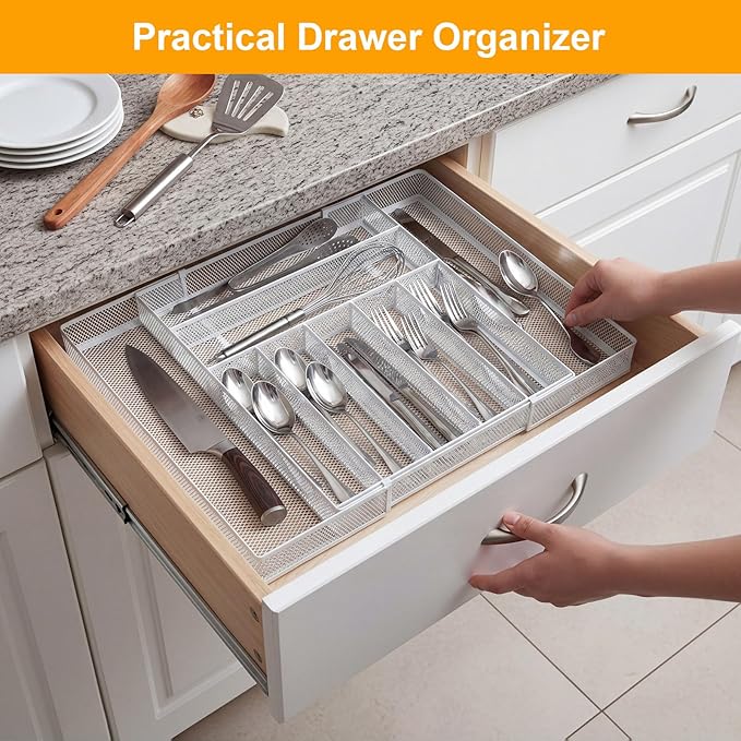 2 Pcs Utensil Drawer Silverware Organizer, Metal Mesh Expandable 13" 24" Kitchen Drawer Organizer, 7-9 Slots Cutlery Tray Dividers for Kitchen Flatware Christmas Housewarming Gift (White)
