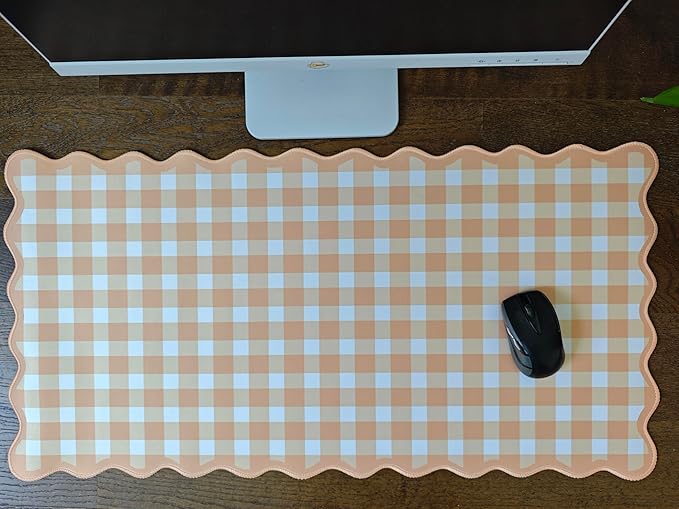 Scalloped‌ Orange Checkered Gingham Desk Mat Cute Pastel Large Mouse Pad Kawaii Cottagecore ‌Vintage‌ Rustic Keyboard Pad Computer Mat for Desktop Aesthetic Cozy Office Desk Decor