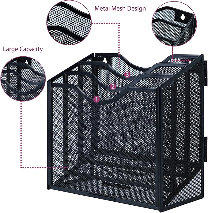 Desk File Organizer, Metal Mesh File Folder Holder Stand with 3 Vertical Compartments Rack, Wall File Organizer File Sorter for Office Supplies Desktop Organization, Black