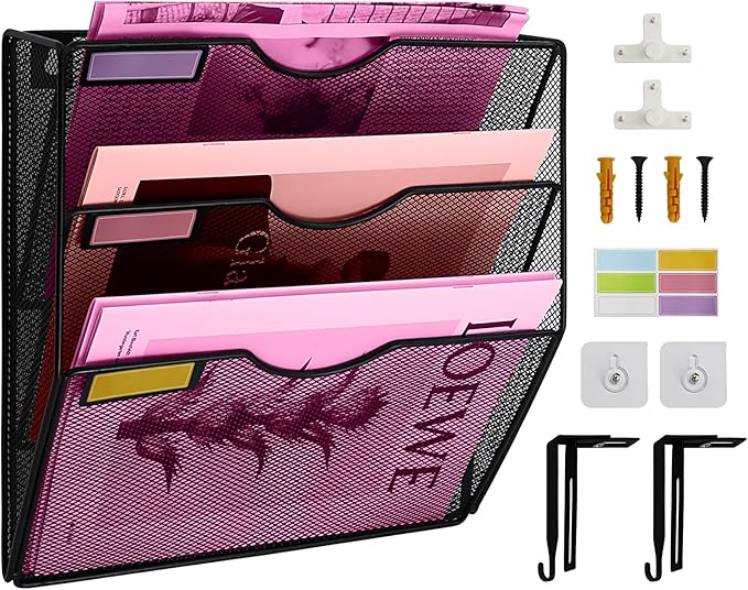 3 Pockets Mesh Wall File Holder Organizer Office Hanging File Folder Magazine Rack, Nametag Label Hooks Set Included (Black)