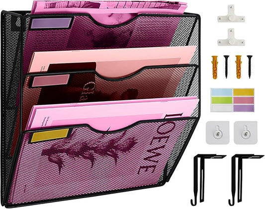 3 Pockets Mesh Wall File Holder Organizer Office Hanging File Folder Magazine Rack, Nametag Label Hooks Set Included (Black)