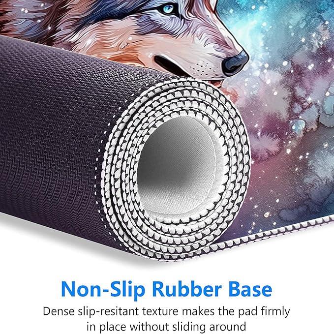 Wolf Mouse Pad Dream Colorful Galaxy Husky Starry Sky Large Gaming Mouse Mat with Stitched Edges,Non-Slip Waterproof Rubber Base Mous Mat Office Computer Keyboard Laptop Home 31.5x11.8 Inch