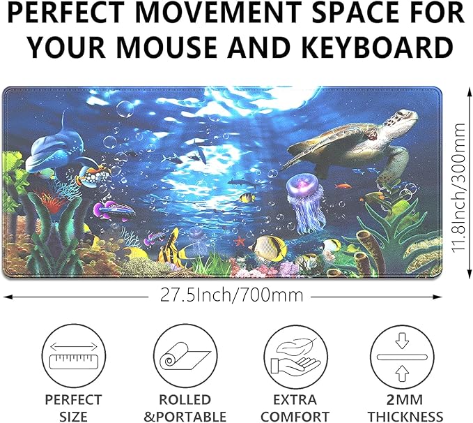 Turtle Large Gaming Mouse Pad Desk Pad, 27.5x11.8in Extended Keyboard Mouse Mat with Stitched Edges, Waterproof Non-Slip Rubber Base for Office Laptop Computer Home