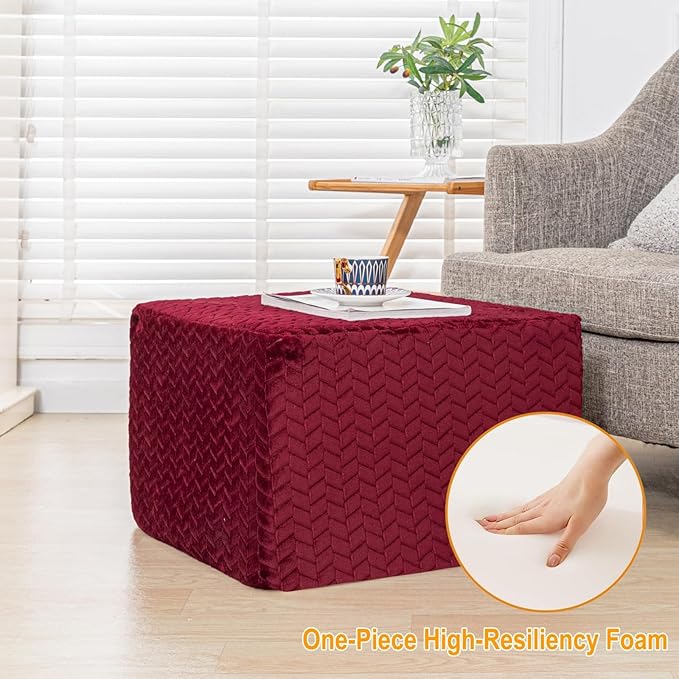 Furry Square Pouf Ottoman – 20"x14" One-Piece Seamless Integral Foam Foot Stool Ottoman Foot Rest Living Room Bedroom Under Desk (Redwine)