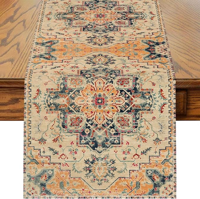 Boho Beige Table Runner,Vintage Elegant Farmhouse Table Center Linen Decor,Country Rustic Farmhouse Magical Fall Kitchen Dining Table Decoration for Home Dining Party Decor 13x108 Inch