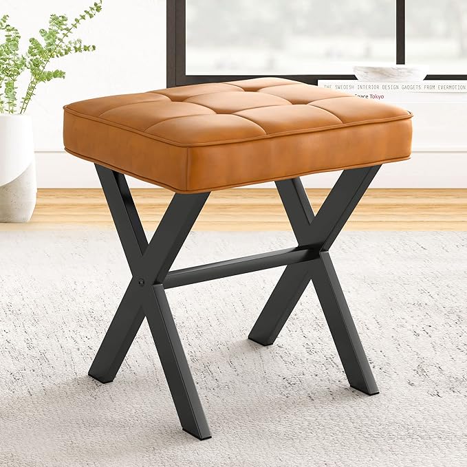 LUE BONA Vanity Stool, Faux Leather X-Leg Foot Stool, Small Ottoman Makeup Stool Chair for Vanity, Modern Padded Foot Rest Vanity Seat for Makeup Room, Bathroom, Whiskey Brown
