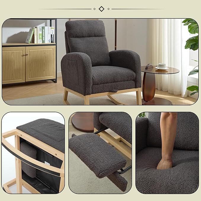 Nursery Rocking Chair with Foot Rest, Teddy Upholstered Nursery Glider Rocker Chair with Solid Wood Legs & 2 Side Pockets Comfy Armchair for Living Room Lounge Bedroom (A-Grey)