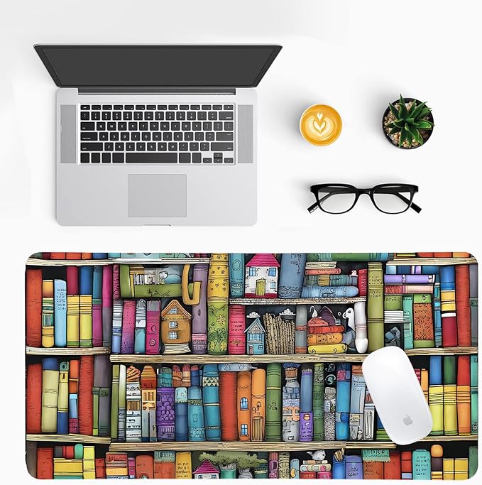 Book Lover's Desk Mat, Large PU Leather Desk Pad with Non-Slip Base, Literary Office Keyboard Mat Ideal Gift for Readers, Gaming & Home Work （31.5 * 15.75in）