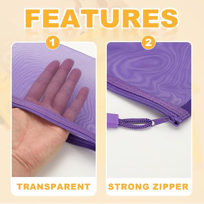 PATIKIL B6 Mesh Zipper Pouch Bags, 5 PCS Mesh Bags with Zipper Plastic Storage Pocket for Organizing File Beads Office Home Supplies, 11.5x23cm, Purple