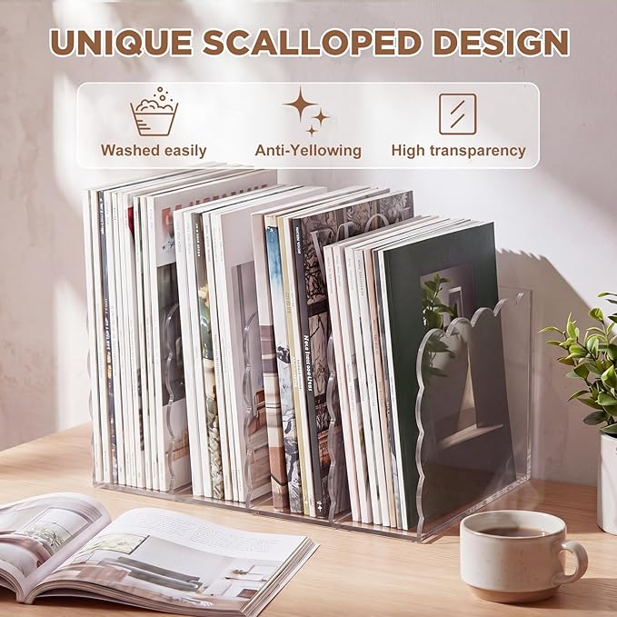 Suzile Scalloped Acrylic Magazine File Holder, 4-Compartment Clear Desk Organizer Vertical Bookends Organization for Office, Binders, Documents, Tablets, Magazines, Books(11.26 x 7.28 x 6.5 Inches)
