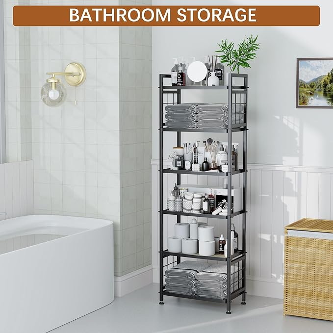 GIOTORENT 6-Tier Pantry Shelves with Wooden Boards, Heavy Duty Storage Shelves & Book Shelf, Adjustable Metal Shelving Unit for Kitchen Bathroom Laundry Organizer, Sturdy Rust-Resistant, Black