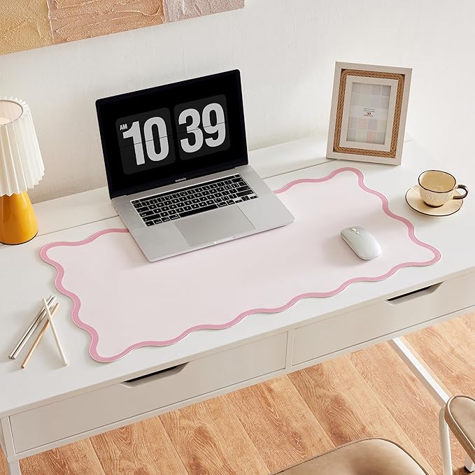 Pink Scalloped Desk Mat, 31.5" x 15.7", PU Leather, Waterproof Anti-Slip, Cute Aesthetic Desk Pad for Office/Home/Game/Vanity Large