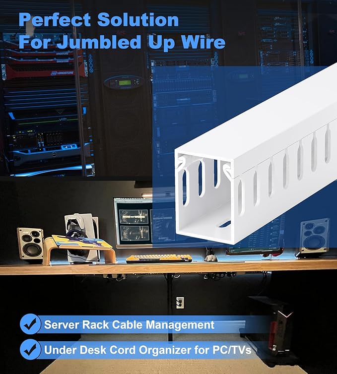 ZhiYo H1.6in W1.2in Professional Server Rack Cable Management Raceway, 99in (6 x L16.5in) Cable Raceway Kit, Electrically Safe PVC Open Slot Wire Raceway for Under Desk/Computer/Network Cords, White