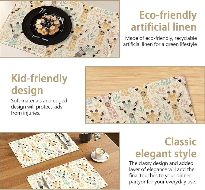 Placemats Set of 6, Animal Cute Giraffe Linen Placemats 12x18 Inch, Heat Resistant Table Mats, Washable Non Slip Place Mats for Dining Table Kitchen Home