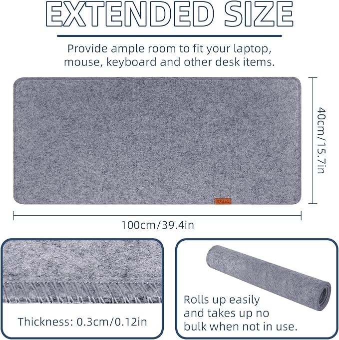 Large Felt Desk Protective Pad, 100X40cm/40''X16'' Non-Slip Felt Desk Mat Extended Gaming Mouse Pad Large Desk Pad Protector for Keyboard, Computer, Mouse, Laptop (Grey)