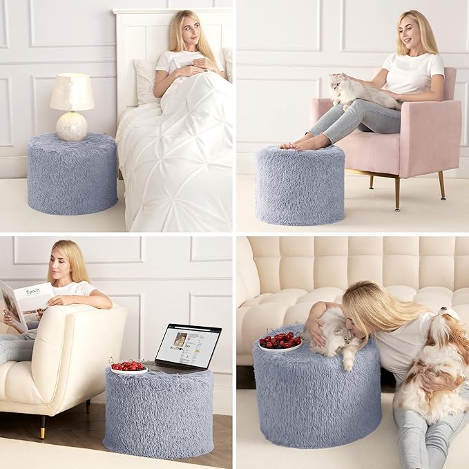 Hansleep Round Stuffed Pouf Ottoman 17 x 14, Foam Filled Faux Fur Ottoman Foot Rest for Chair with Washable Cover, Foot Stools Under Desk for Living Room & Bedroom, Grey