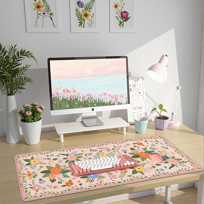 HAOCOO Large Pink Mouse Pad, Waterproof Cute Keyboard Mat, Non-Slip Desk Mat for Cubicle, 35.4" x 15.7" Desktop Mat with Stitched Edges, Girly Desk Organizers & Accessories for Women