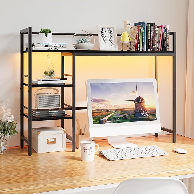 HavenlyYouth Desk Shelf with LED Light Strip, 3-Tier Storage Desktop Organizer Shelf, 38.6" Wood Desktop Bookshelf for Computer Monitor, Desk Hutch for Home Office Dorm, Black