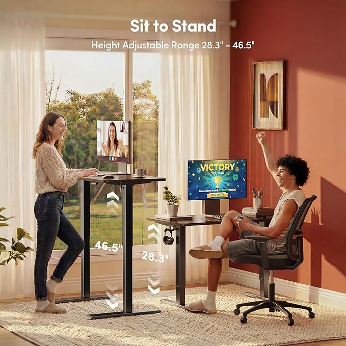 FEZIBO 40 x 24 Inchs Electric Standing Desk, Height Adjustable, Sit Stand Up, Computer Office Desk with Splice Board, Black Frame/Black Walnut Top