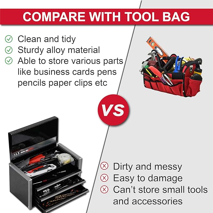 P.I.T. Mini Tool Box 8.6"W X 4.6"D, Portable 3 Drawer Steel Stackable Black Tool Box with Magnetic Tab Locking, Black Micro Top Chest with Liner for Tools Storage and Organizers, Home DIY
