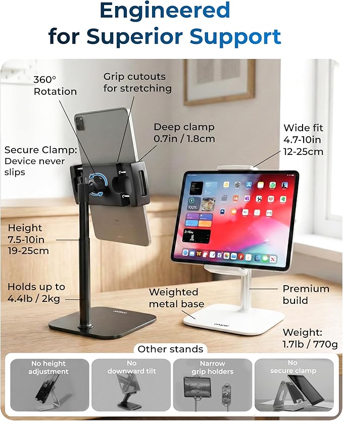 COOPER TabStand Mini, 10" Height Adjustable Tablet Stand, Ipad Stand for Desk, Portable Monitor Holder, Heavy Duty Grip, Tripod iPad Holder, Tablet Mount, for Samsung Tablets, Kindle eReaders (Black)