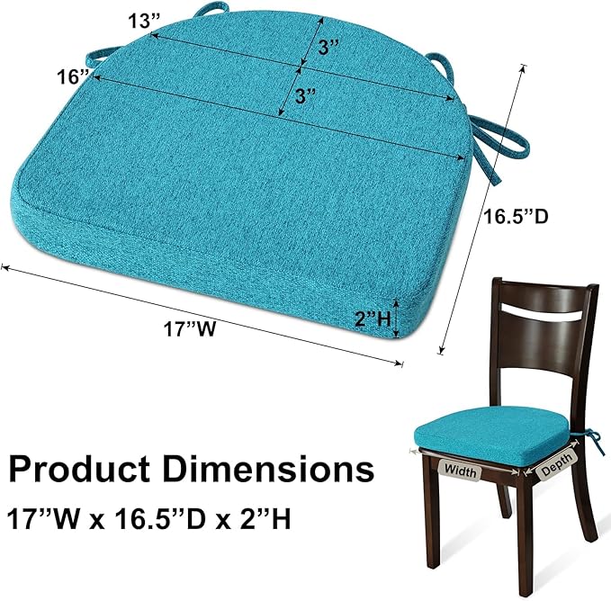 Shinnwa Kitchen Chair Cushions Set of 4, Non-Slip Dining Chair Cushions with Ties and Machine Washable Cover, 4 Pack, 17 x 16.5 x 2in, Teal