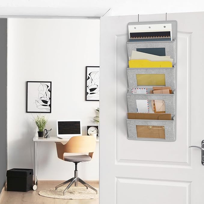 Simple Houseware Over the Door Hanging Wall File Organizer, 4 Clear Window Pocket File Holder with 13" Width for Office Supplies Storage, Grey