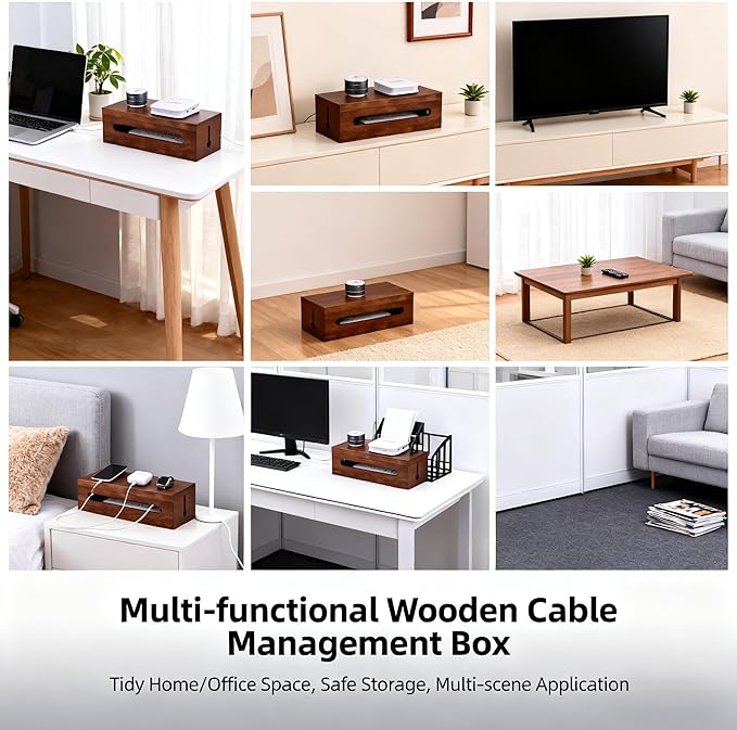Solid Wood Cable Management Box, Cord Organizer & Power Strip Hider, Decorative Wire Storage Box for Home Office, TV, Desk, Router – Handcrafted Cord Concealer for Tidy Space
