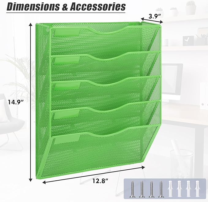 EASEPRES 5 Pocket Mesh Hanging Wall File Organizer, Wall Mounted Mail Paper Document Folder Holder, Clipboard Storage Organization Magazine Rack with Nametag Label for Office Home School, Green