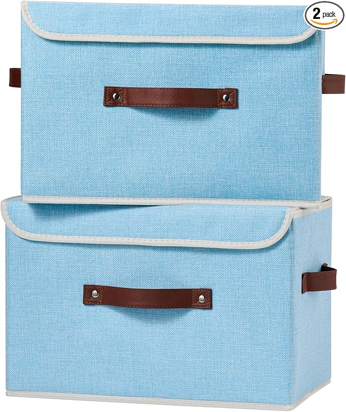 2PCS Storage Boxes with Lid Cotton Linen Fabric Storage Bins Organizer Container Decorative Collapsible Washable Shelf Closet Baskets Faux Leather Handles Home Bedroom (Light Blue, Large)