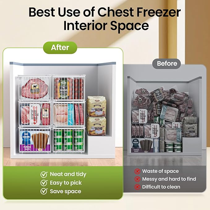 MSERCUOR Freezer Organizer Bins, 3 Pack Big Stackable Deep Chest Freezer Organizer Bins, Foldable Baskets with Handles, White Storage Container Baskets for 5 to 9 Cu.FT Deep Freezer Sort Frozen Meats