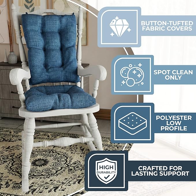 The Gripper Twill Jumbo XL Non-Slip Rocking Chair Cushion Set with Thick Padding, Includes Seat Pad & Back Pillow with Ties for Indoor Living Room Rocker, 17x17 Inches, 2 Piece Set, Sapphire