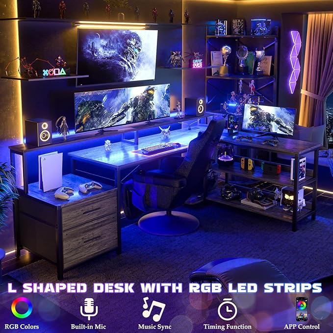 Aheaplus L Shaped Desk with Power Outlet, Reversible L Shaped Computer Desk with File Drawer & Monitor Stand, Gaming Desks with LED Strip, Home Office Desks with Storage Shelf, Grey Oak