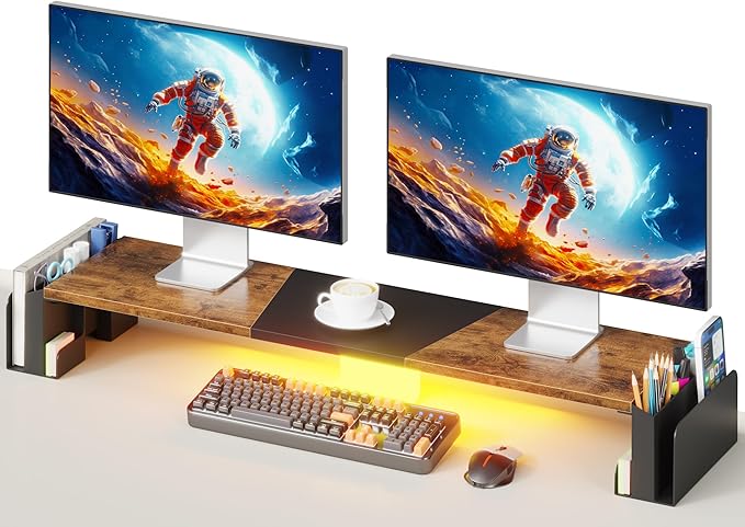 WESTREE Dual Monitor Stand Riser with Pen Holder, Computer Monitor Riser with Adjustable Angle and LED Light, Desktop Monitor Stand Riser Storage Organizer for Computer, Laptop, Printer, TV