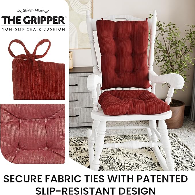 Klear Vu The Gripper Non-Slip Rocking Chair Cushion Set with Thick Padding, Includes Seat Pad & Back Pillow with Ties for Indoor Living Room Rocker, 17x17 Inches, 2 Piece Set, Garnet