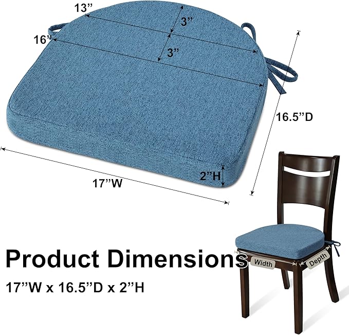Shinnwa Kitchen Chair Cushions Set of 4, Non-Slip Dining Chair Cushions with Ties and Machine Washable Cover, 4 Pack, 17 x 16.5 x 2in, Blue