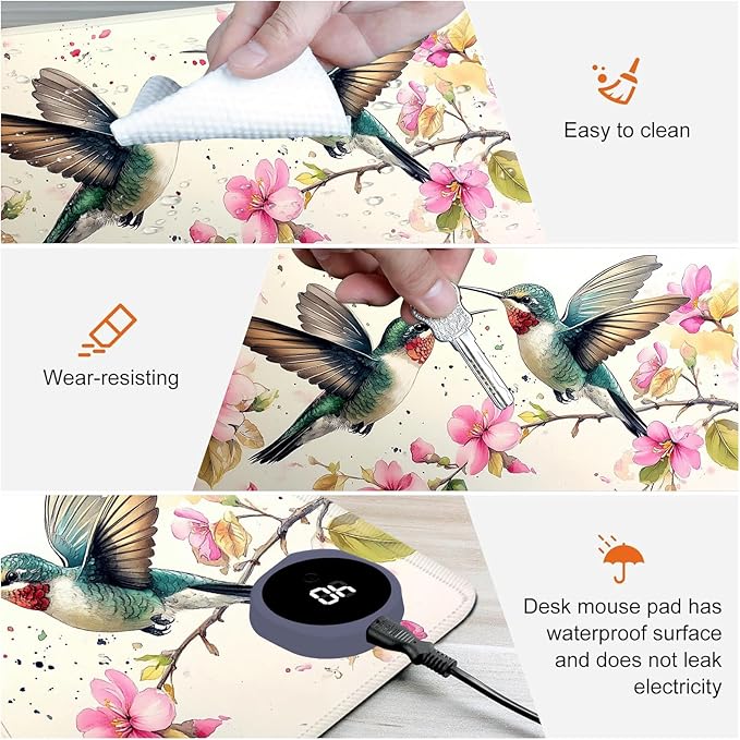 Heated Mouse Pad,Warm Desk Pad with 3 Levels Heating & 3 Hours Auto Shut-Off, PU Leather Heated Desk Pad Warmer Pad for Home Office - 31.5 x 13 inch,Watercolor Hummingbird