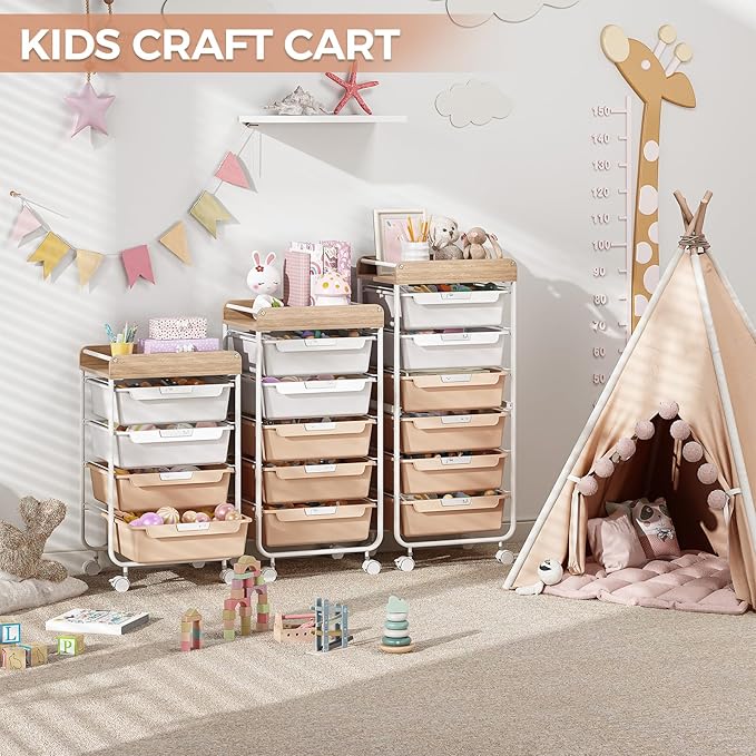 SYKIARIOL Rolling Storage Utility Cart with 4 Drawers,Kids Craft Art Cart,Makeup Organizer and Storage with Wooden Tabletop,Pearl